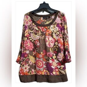 Avenue Pink and Red Boxy Blouse with 3/4 Sleeves